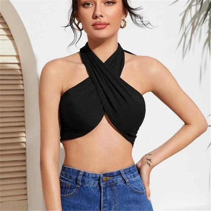 2024 Hot Sale Summer Chic Cropped Slim Streetwear Women's Bandage Halter Sexy Backless Crop Tops Black Tanks Tops Party Clubwear