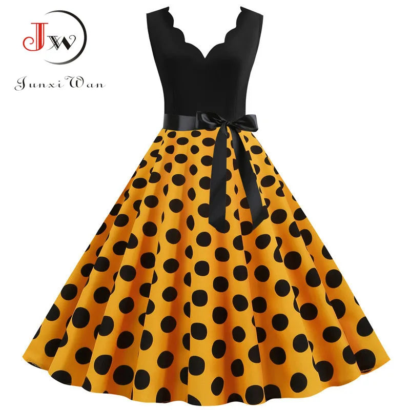 Women Retro Summer Dresses 50s 60s Sleeveless V-neck Polka Dot Bow Ball Grown Party Sundress Robe Vestidos