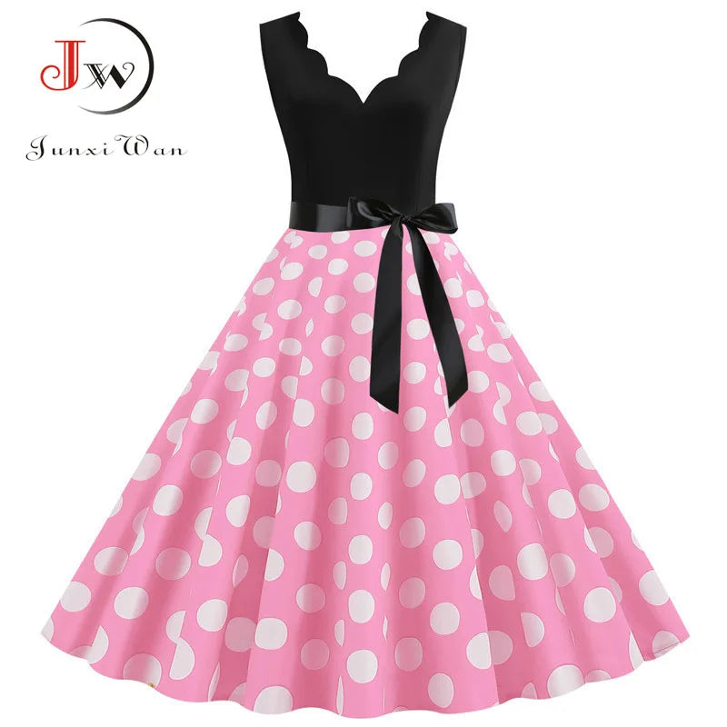 Women Retro Summer Dresses 50s 60s Sleeveless V-neck Polka Dot Bow Ball Grown Party Sundress Robe Vestidos