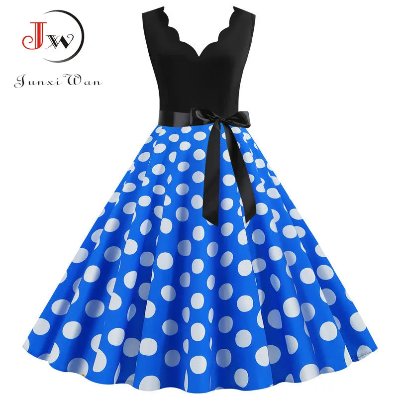 Women Retro Summer Dresses 50s 60s Sleeveless V-neck Polka Dot Bow Ball Grown Party Sundress Robe Vestidos