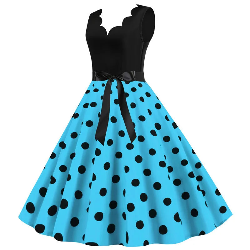 Women Retro Summer Dresses 50s 60s Sleeveless V-neck Polka Dot Bow Ball Grown Party Sundress Robe Vestidos