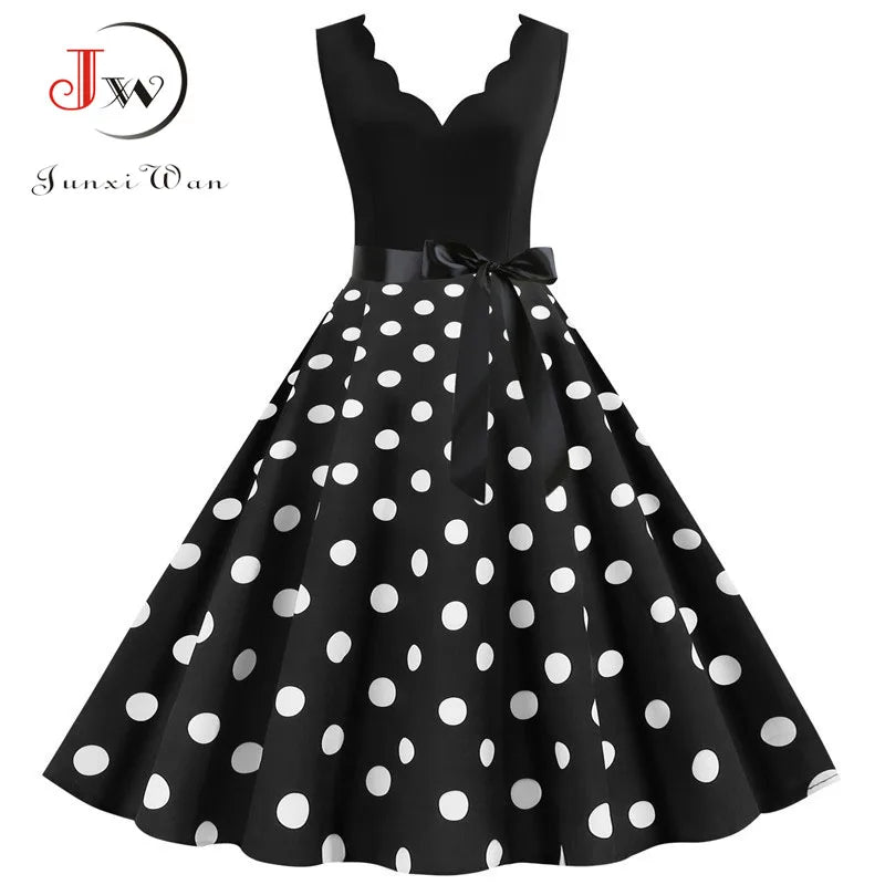 Women Retro Summer Dresses 50s 60s Sleeveless V-neck Polka Dot Bow Ball Grown Party Sundress Robe Vestidos