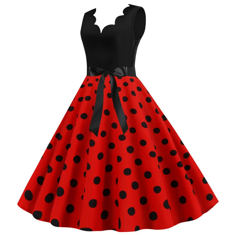 Women Retro Summer Dresses 50s 60s Sleeveless V-neck Polka Dot Bow Ball Grown Party Sundress Robe Vestidos