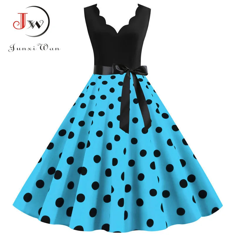 Women Retro Summer Dresses 50s 60s Sleeveless V-neck Polka Dot Bow Ball Grown Party Sundress Robe Vestidos