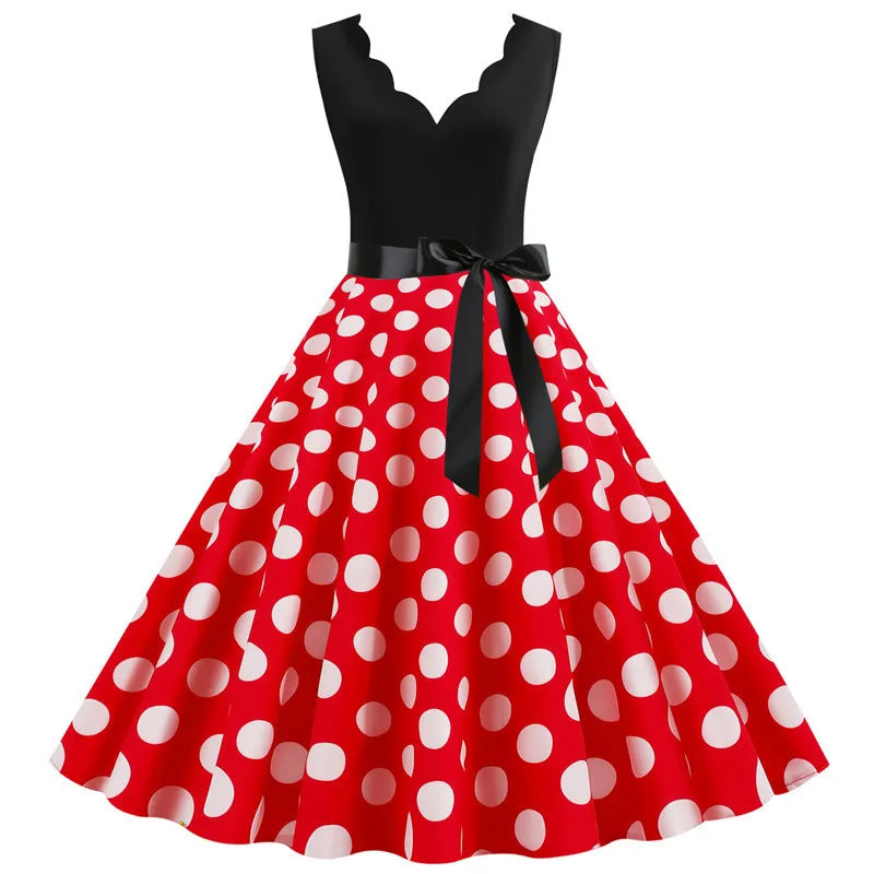 Women Retro Summer Dresses 50s 60s Sleeveless V-neck Polka Dot Bow Ball Grown Party Sundress Robe Vestidos