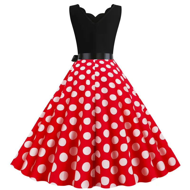 Women Retro Summer Dresses 50s 60s Sleeveless V-neck Polka Dot Bow Ball Grown Party Sundress Robe Vestidos