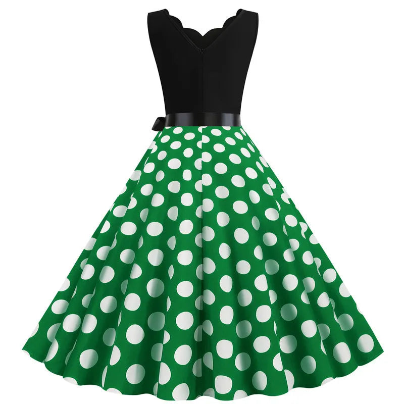 Women Retro Summer Dresses 50s 60s Sleeveless V-neck Polka Dot Bow Ball Grown Party Sundress Robe Vestidos