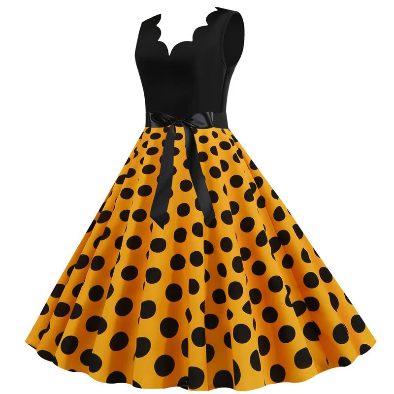 Women Retro Summer Dresses 50s 60s Sleeveless V-neck Polka Dot Bow Ball Grown Party Sundress Robe Vestidos