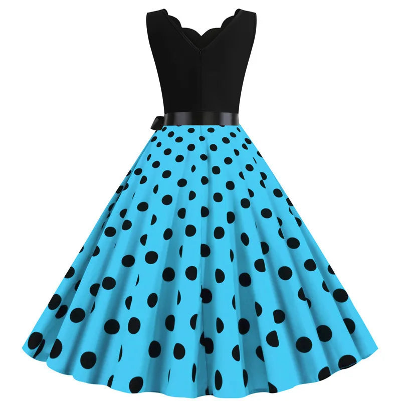 Women Retro Summer Dresses 50s 60s Sleeveless V-neck Polka Dot Bow Ball Grown Party Sundress Robe Vestidos