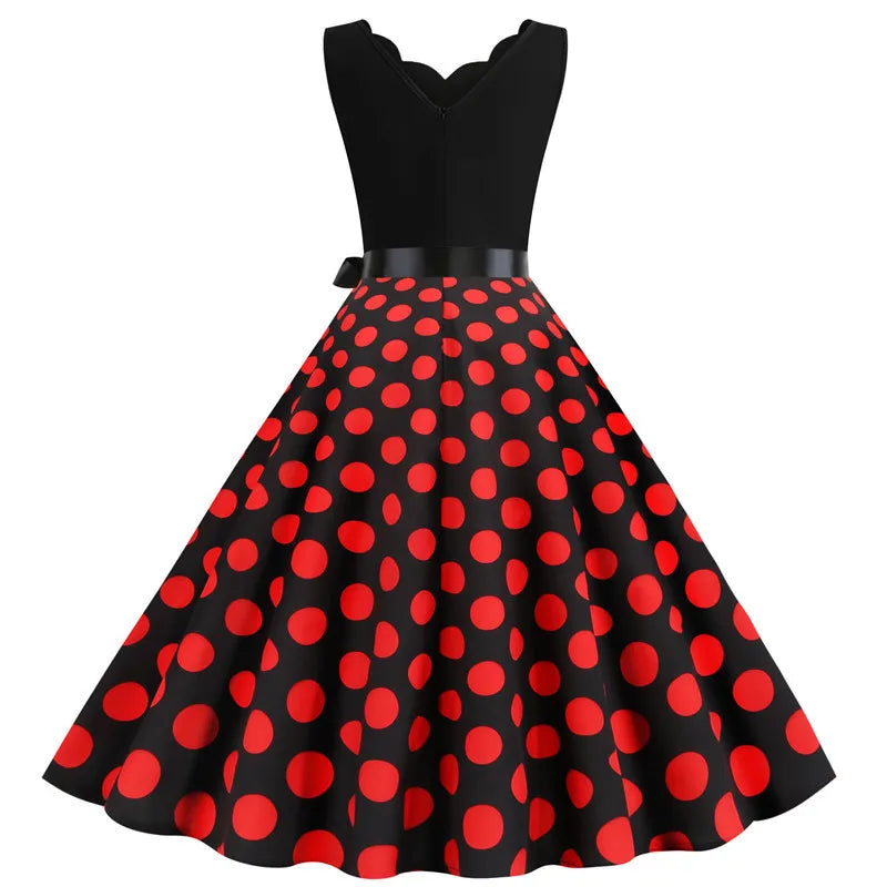 Women Retro Summer Dresses 50s 60s Sleeveless V-neck Polka Dot Bow Ball Grown Party Sundress Robe Vestidos