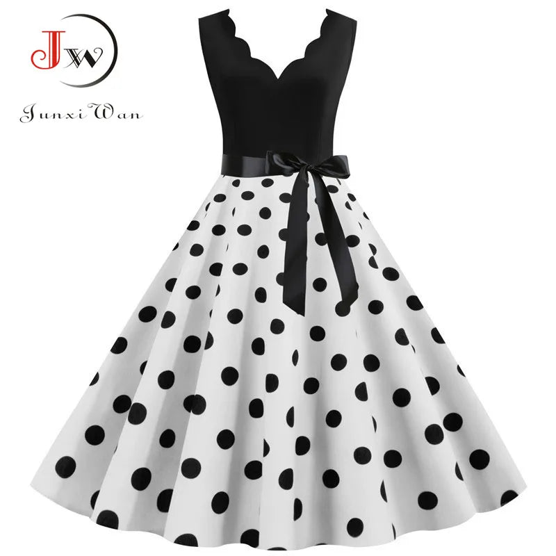 Women Retro Summer Dresses 50s 60s Sleeveless V-neck Polka Dot Bow Ball Grown Party Sundress Robe Vestidos