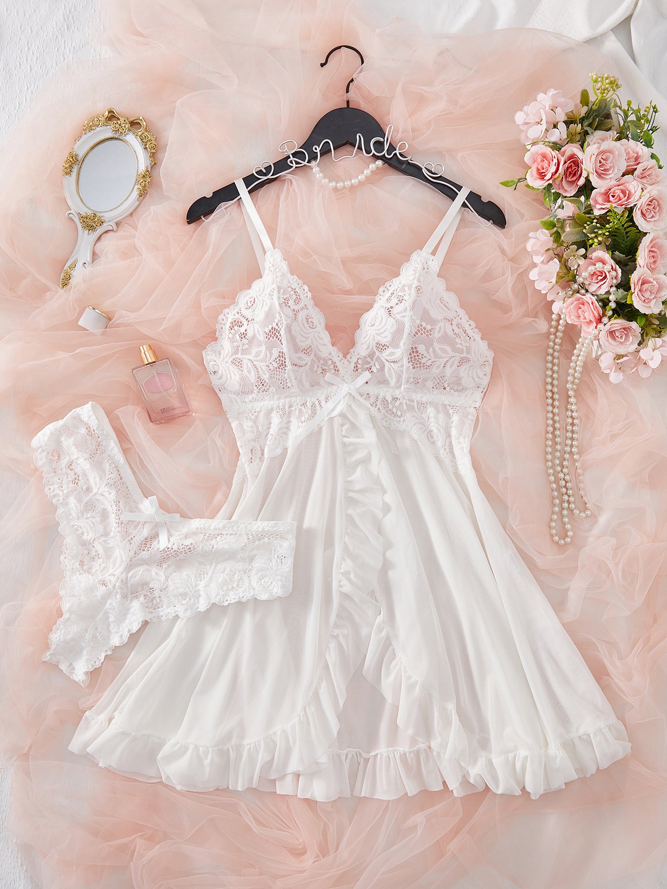 Women's Solid Color Casual Slit Lace Pajamas Suit