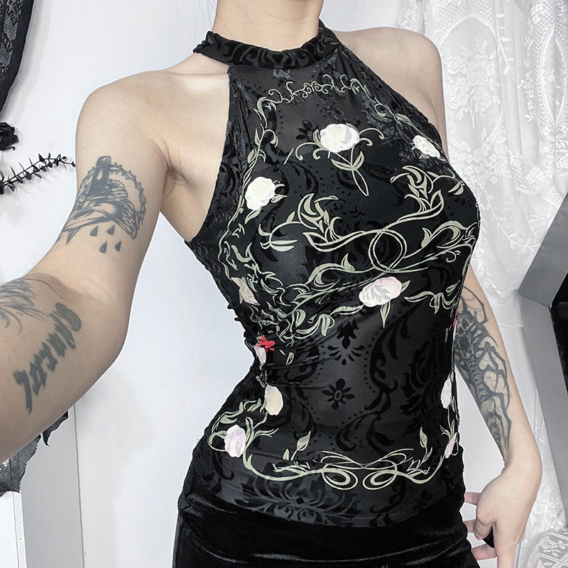 Women's Printed Flocking Lace Halter Top