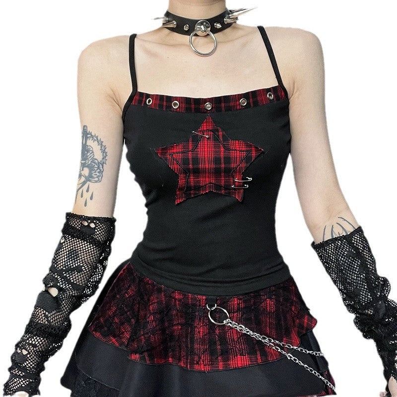 Five-pointed Star Printed Plaid Stitching Camisole For Women