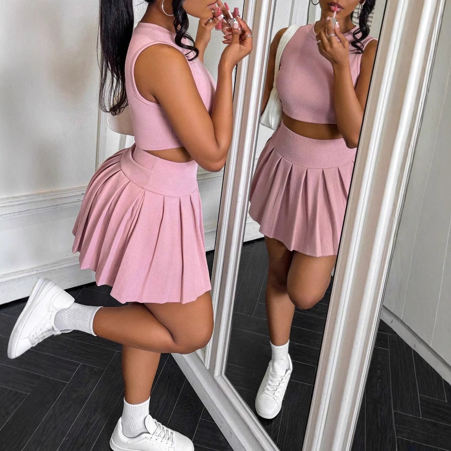 Women's Pleated Fashion Slim Sleeveless Skirt Suit