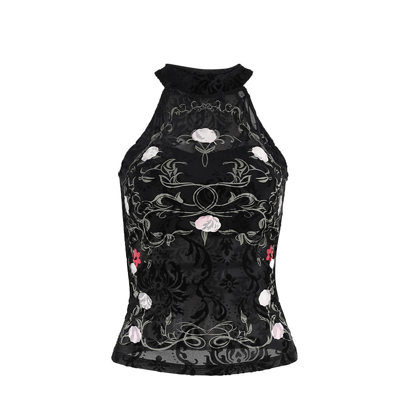 Women's Printed Flocking Lace Halter Top