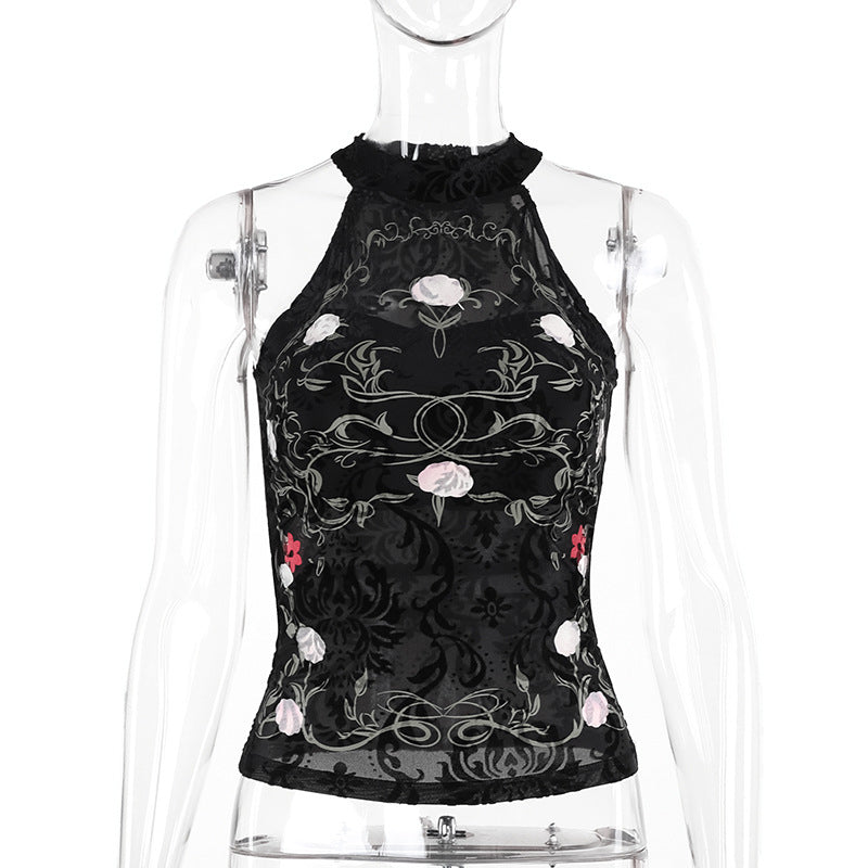 Women's Printed Flocking Lace Halter Top