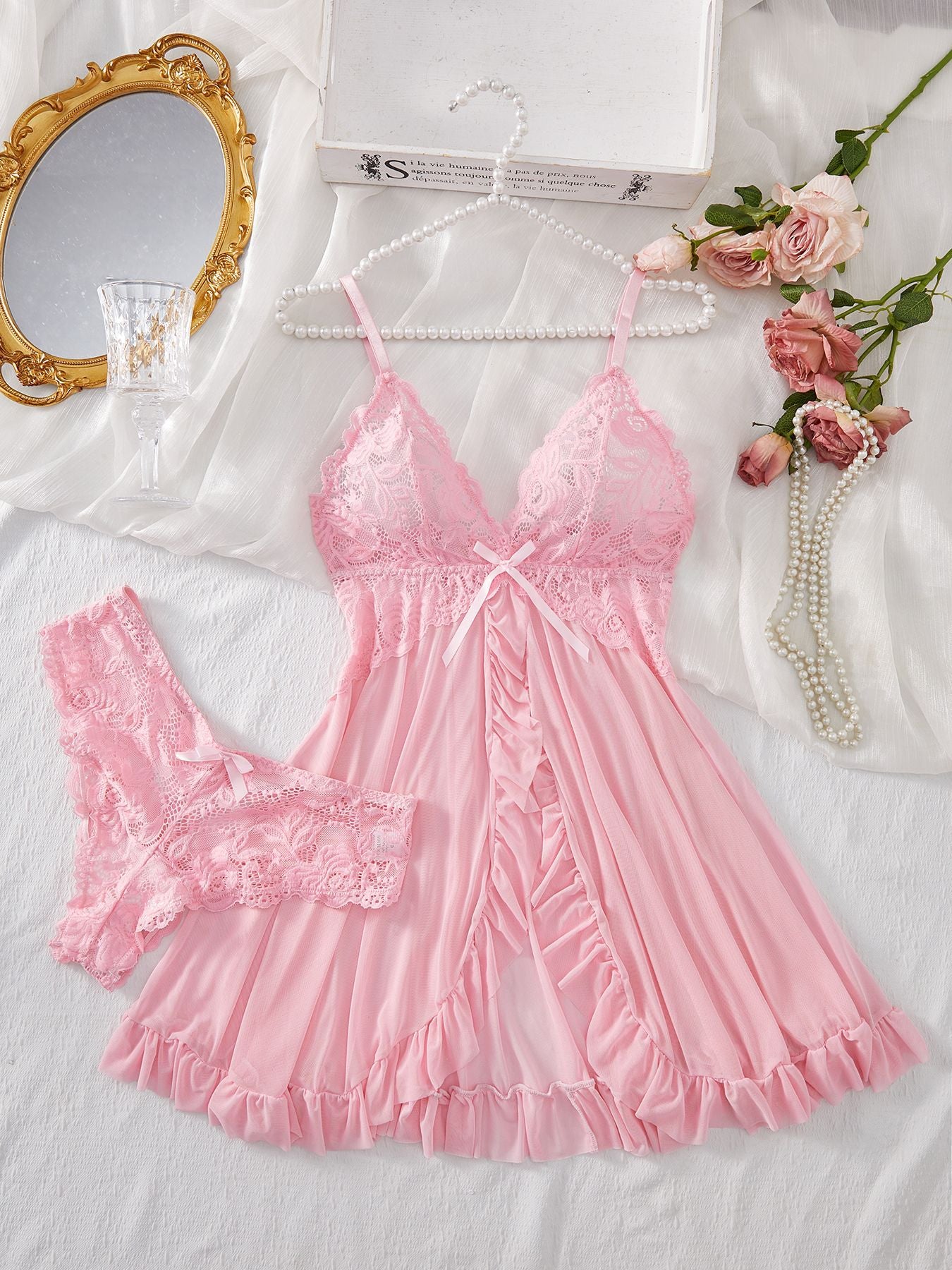 Women's Solid Color Casual Slit Lace Pajamas Suit