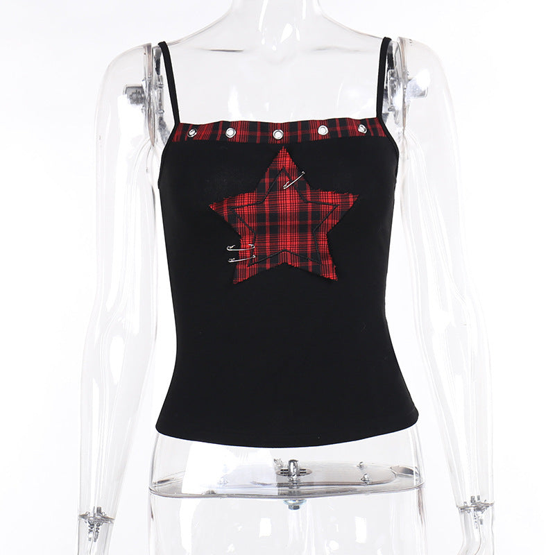 Five-pointed Star Printed Plaid Stitching Camisole For Women