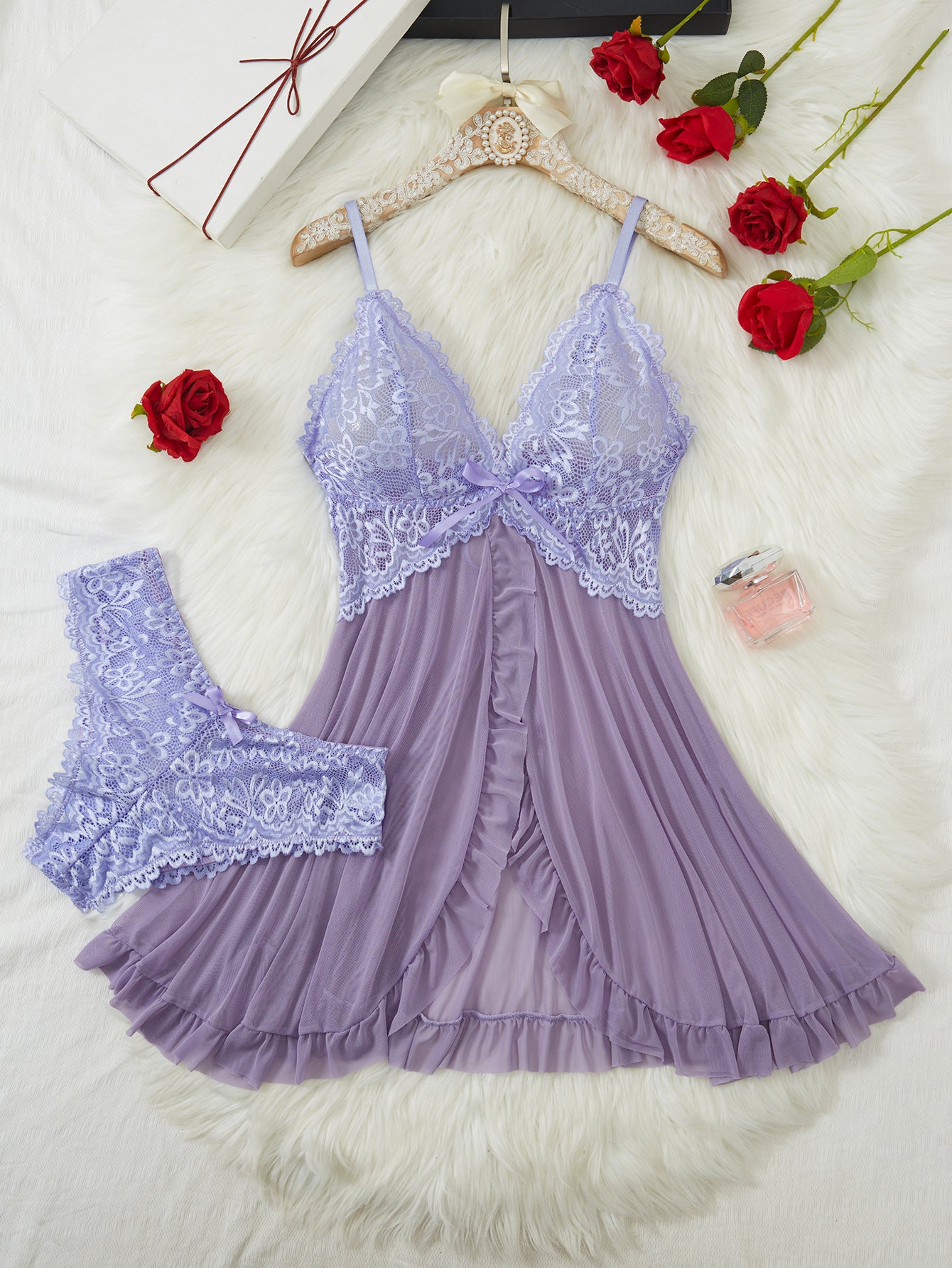 Women's Solid Color Casual Slit Lace Pajamas Suit