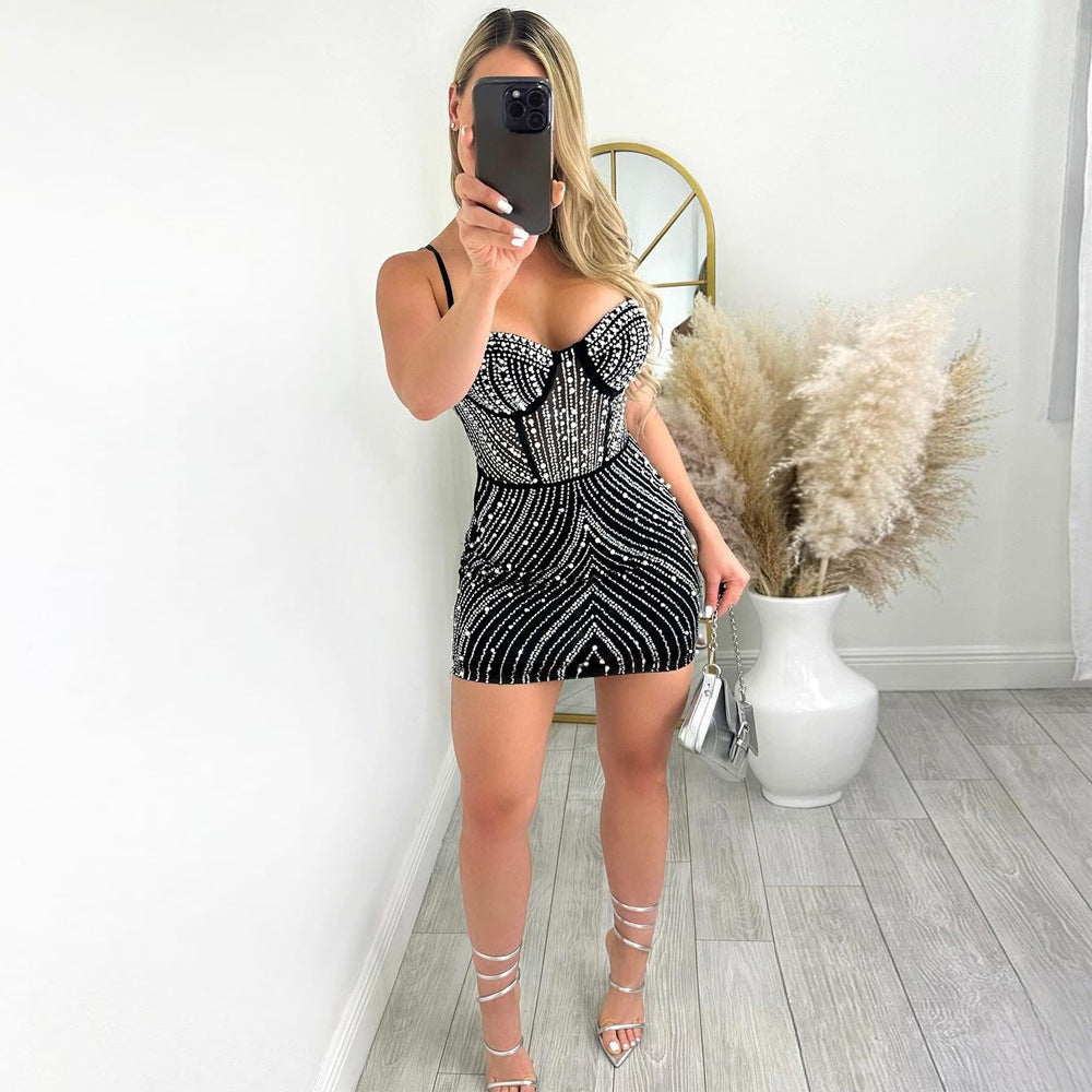 Fashion Suspenders Hot Rhinestone Sheath Dress Women