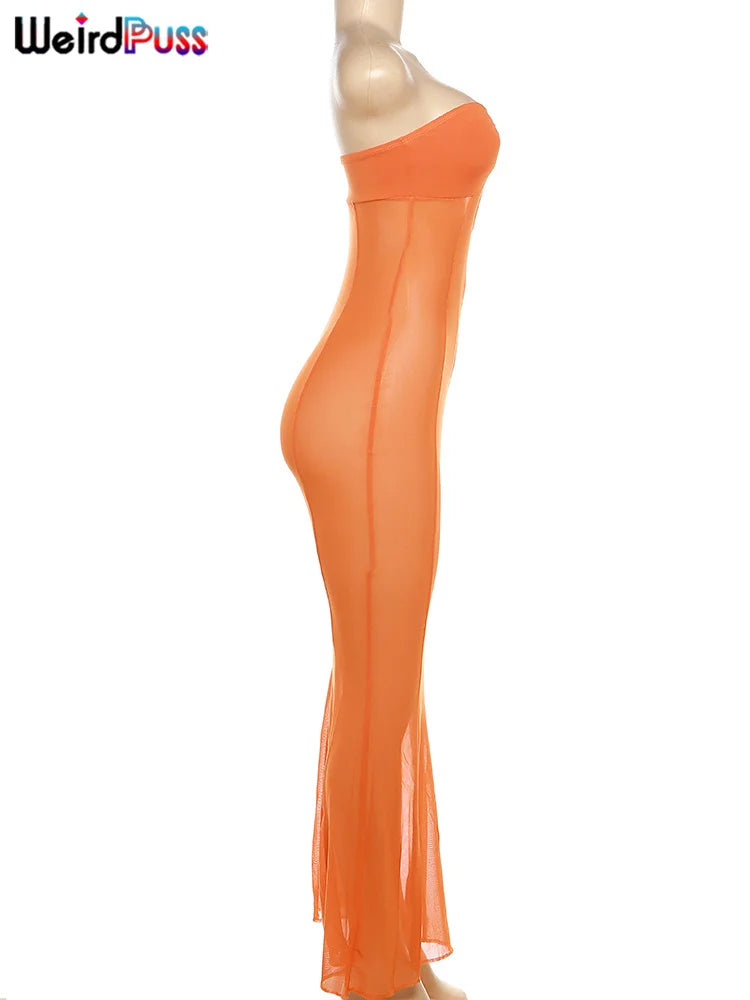 Weird Puss Mesh Patchwork Women Dress See Through Hollow Strapless Elastic Slim Fit Sexy Coquette Vacation Seaside Party Bodycon
