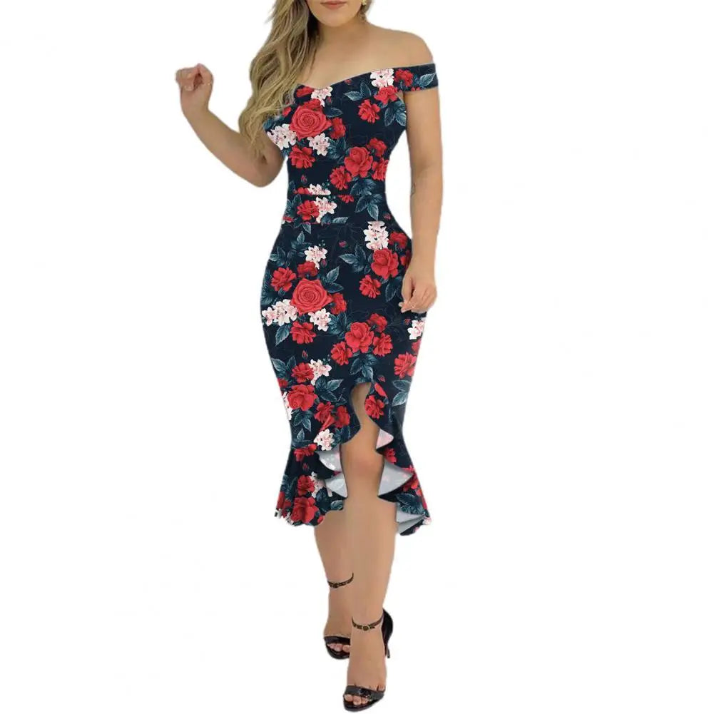Vestido Formal Midi Dress Set Off Shoulder Irregular Sleeveless Ruffled Hem Printed Bodycon Dresses for Women 2022 Wedding