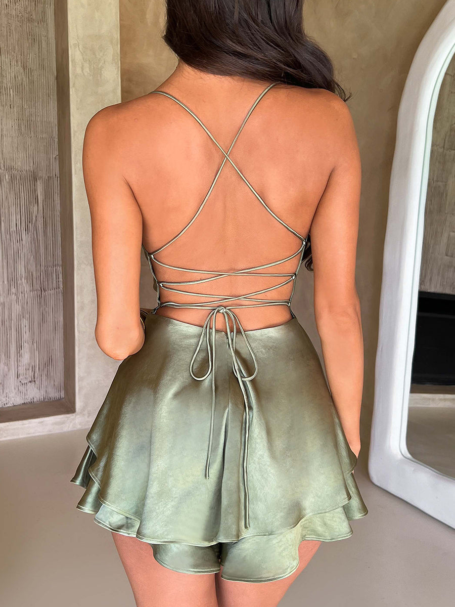 Women Tie-Up Romper Sling Backless Bandage Cross Jumpsuits Fashion Sleeveless Satin Playsuits Summer Streetwear Outerwear
