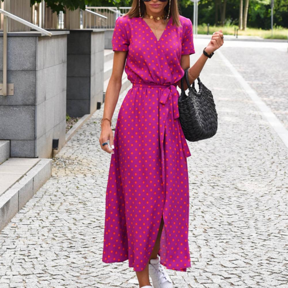 Summer Floral Print Long Dresses Women Sexy V Neck Split Lace-up Dress Female Casual Elegant Short Sleeve Beach Dress Vestidos