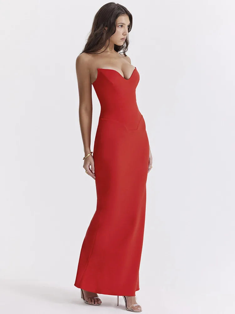 Mozision Strapless Off-shoulder Sexy Maxi Dress For Women Gown Fashion Elegant With Fishbone Bodycon Night Club Party Dress