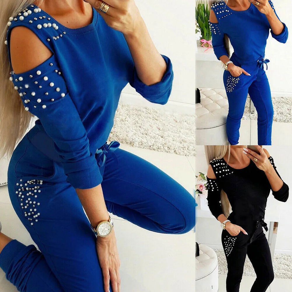2 Pieces Set Women Spring Autumn Sexy Nail Bead tops+pants Pure Color Off Shoulder Hollow Out O Collar Sports Suit ZXP9596