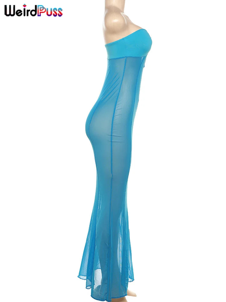 Weird Puss Mesh Patchwork Women Dress See Through Hollow Strapless Elastic Slim Fit Sexy Coquette Vacation Seaside Party Bodycon