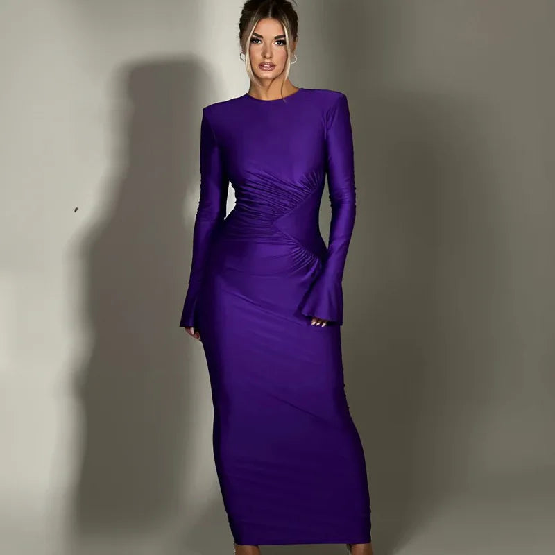 Nsauye Sexy Ruched Maxi Long Flare Sleeve Maxi Bodycon Elegant Dress Women 2023 O Neck Club Evening Party Clothes Birthday Dress