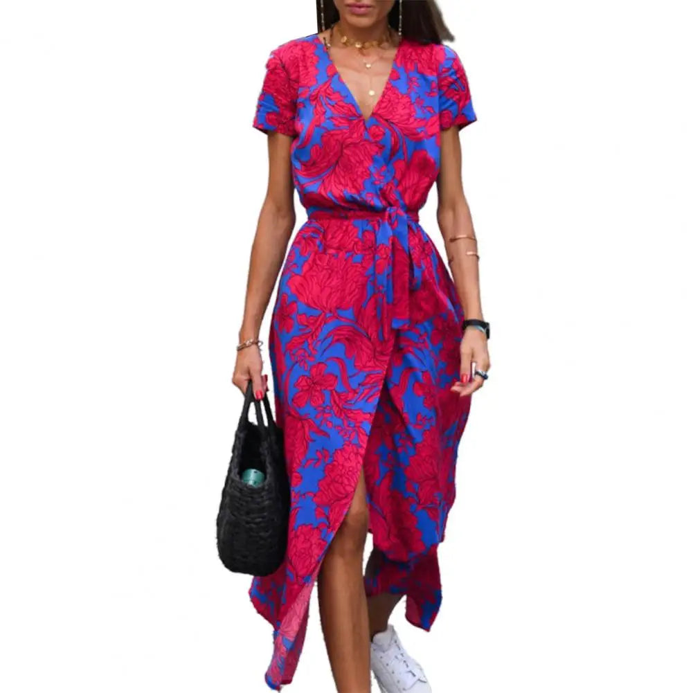 Summer Floral Print Long Dresses Women Sexy V Neck Split Lace-up Dress Female Casual Elegant Short Sleeve Beach Dress Vestidos