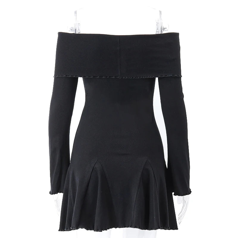 Xeemilo Sexy Low-cut Off Shoulder Dress Elegant Flare Long Sleeve Twist Knot Mini Dresses Y2K Aesthetic Agaric Edge Knit Vestido