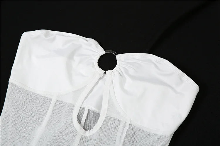 Weird Puss Mesh Patchwork Women Dress See Through Hollow Strapless Elastic Slim Fit Sexy Coquette Vacation Seaside Party Bodycon