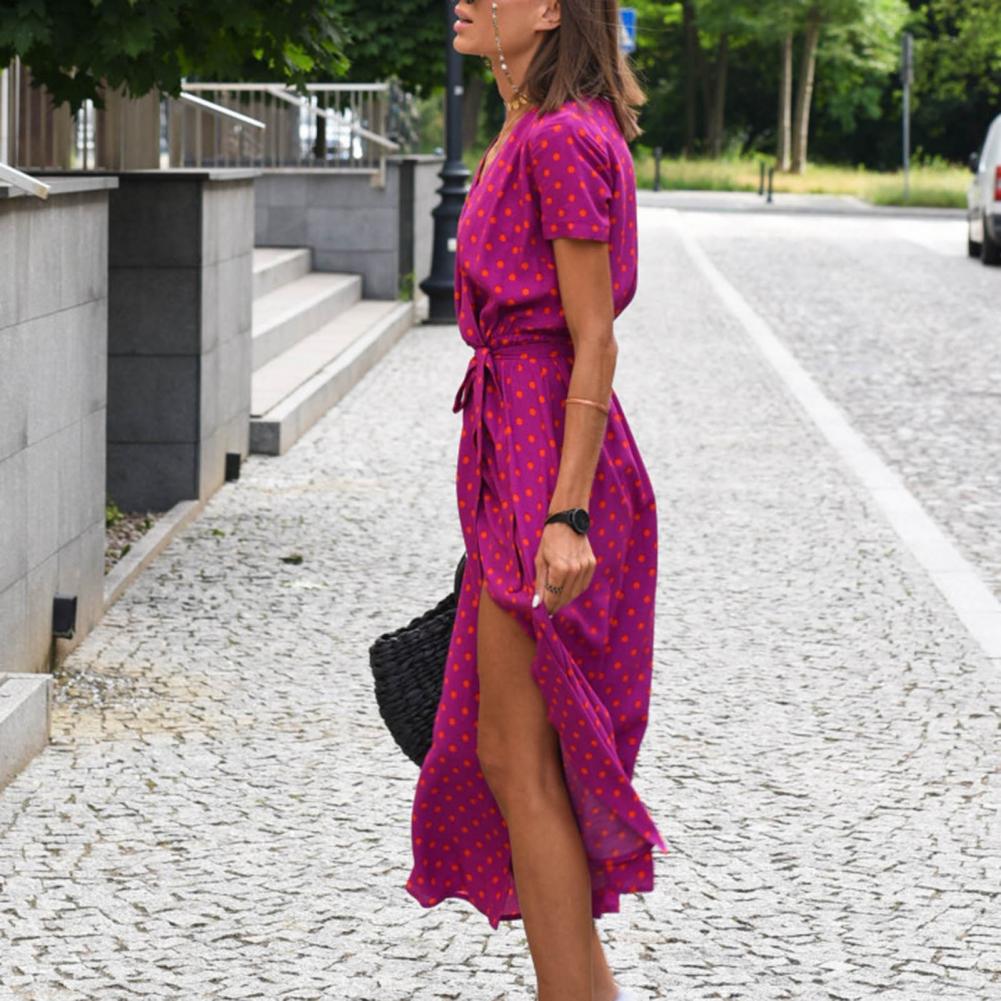 Summer Floral Print Long Dresses Women Sexy V Neck Split Lace-up Dress Female Casual Elegant Short Sleeve Beach Dress Vestidos