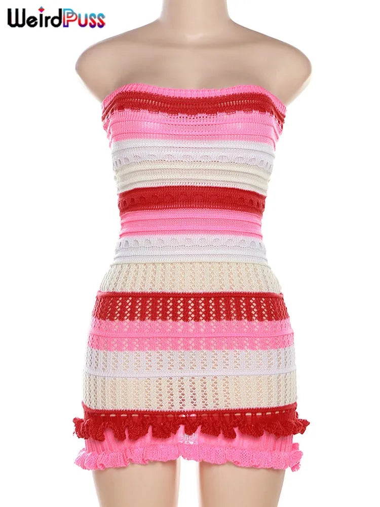 Weird Puss Knit Women Tube Dress Elegant Summer Patchwork Striped Ruffles Hem Skinny Stretch Bodycon Street Vacation Clubwear