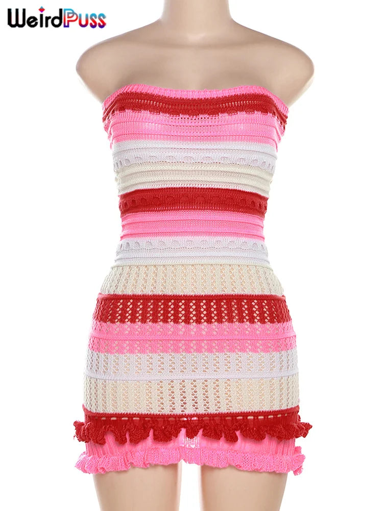 Weird Puss Knit Women Tube Dress Elegant Summer Patchwork Striped Ruffles Hem Skinny Stretch Bodycon Street Vacation Clubwear