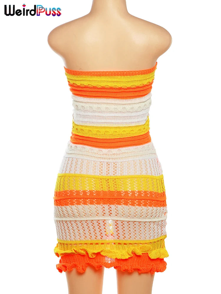 Weird Puss Knit Women Tube Dress Elegant Summer Patchwork Striped Ruffles Hem Skinny Stretch Bodycon Street Vacation Clubwear