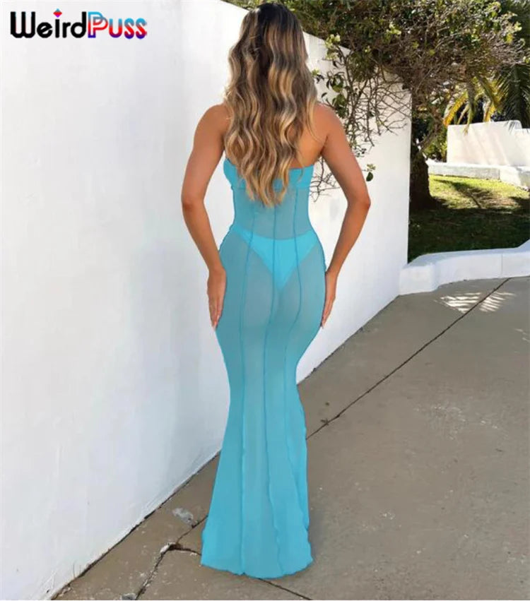 Weird Puss Mesh Patchwork Women Dress See Through Hollow Strapless Elastic Slim Fit Sexy Coquette Vacation Seaside Party Bodycon