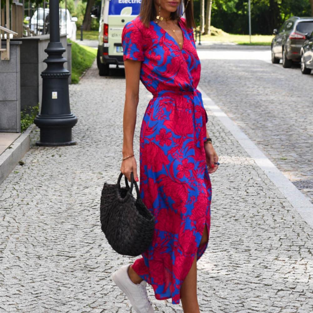 Summer Floral Print Long Dresses Women Sexy V Neck Split Lace-up Dress Female Casual Elegant Short Sleeve Beach Dress Vestidos