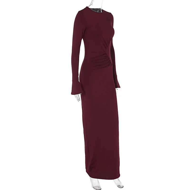 Nsauye Sexy Ruched Maxi Long Flare Sleeve Maxi Bodycon Elegant Dress Women 2023 O Neck Club Evening Party Clothes Birthday Dress