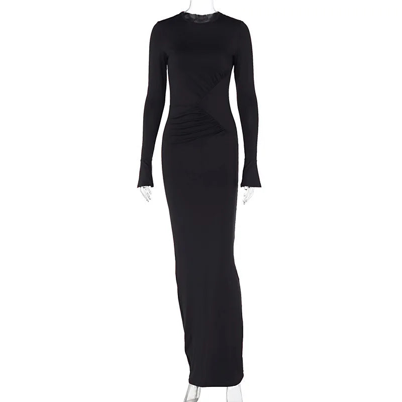 Nsauye Sexy Ruched Maxi Long Flare Sleeve Maxi Bodycon Elegant Dress Women 2023 O Neck Club Evening Party Clothes Birthday Dress