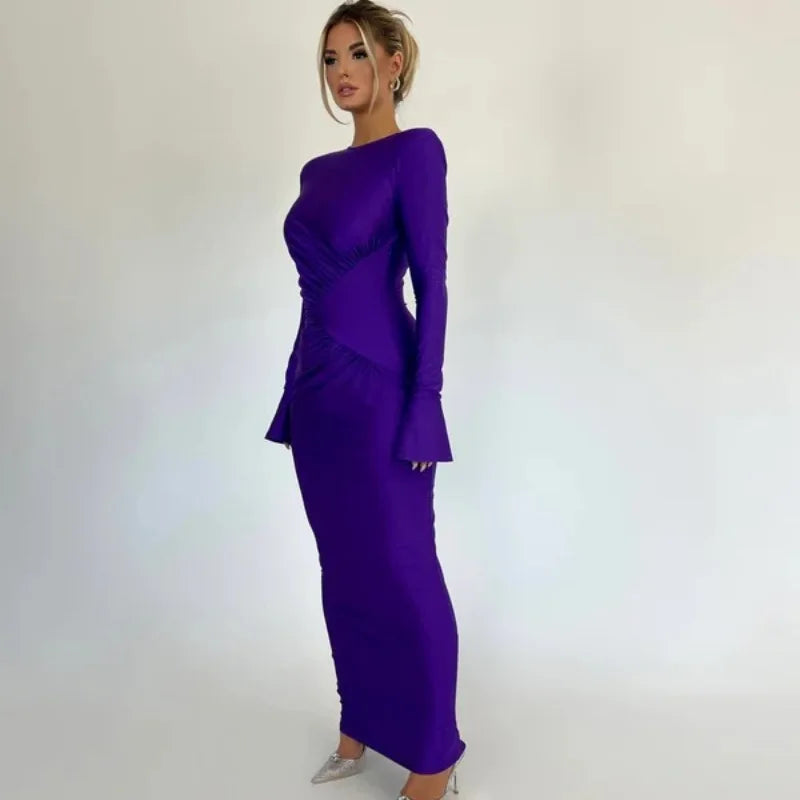 Nsauye Sexy Ruched Maxi Long Flare Sleeve Maxi Bodycon Elegant Dress Women 2023 O Neck Club Evening Party Clothes Birthday Dress
