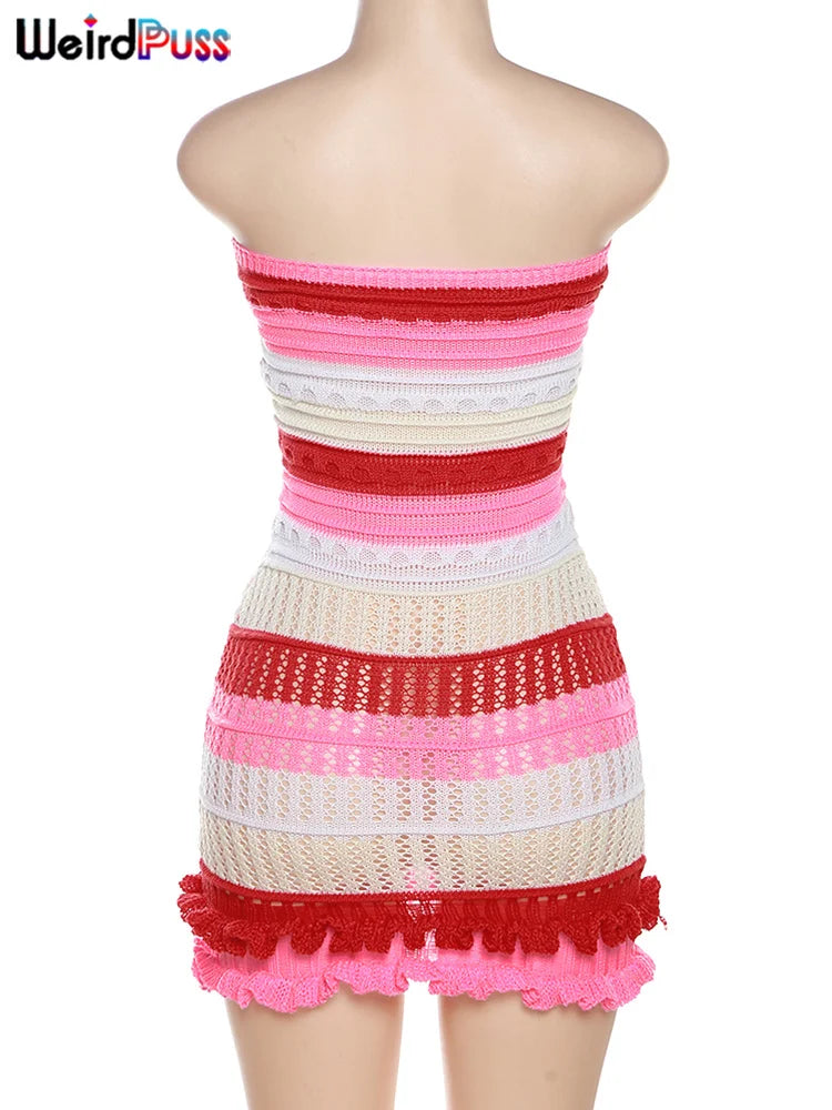 Weird Puss Knit Women Tube Dress Elegant Summer Patchwork Striped Ruffles Hem Skinny Stretch Bodycon Street Vacation Clubwear