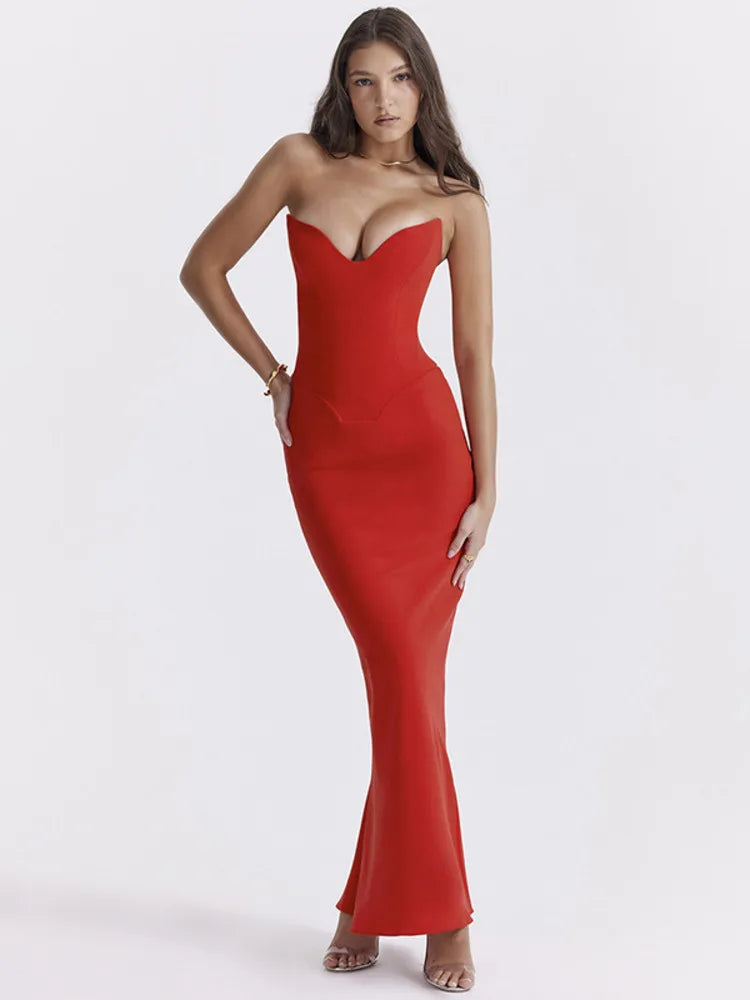 Mozision Strapless Off-shoulder Sexy Maxi Dress For Women Gown Fashion Elegant With Fishbone Bodycon Night Club Party Dress