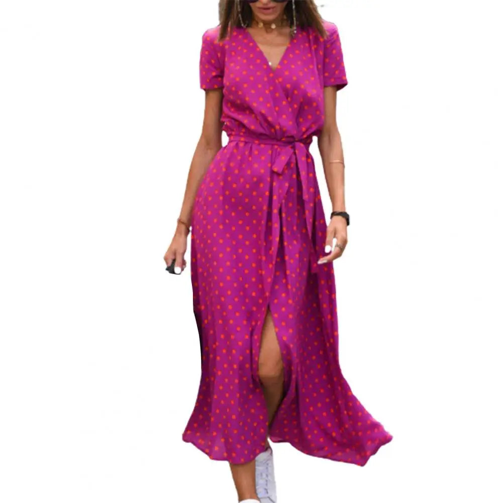 Summer Floral Print Long Dresses Women Sexy V Neck Split Lace-up Dress Female Casual Elegant Short Sleeve Beach Dress Vestidos
