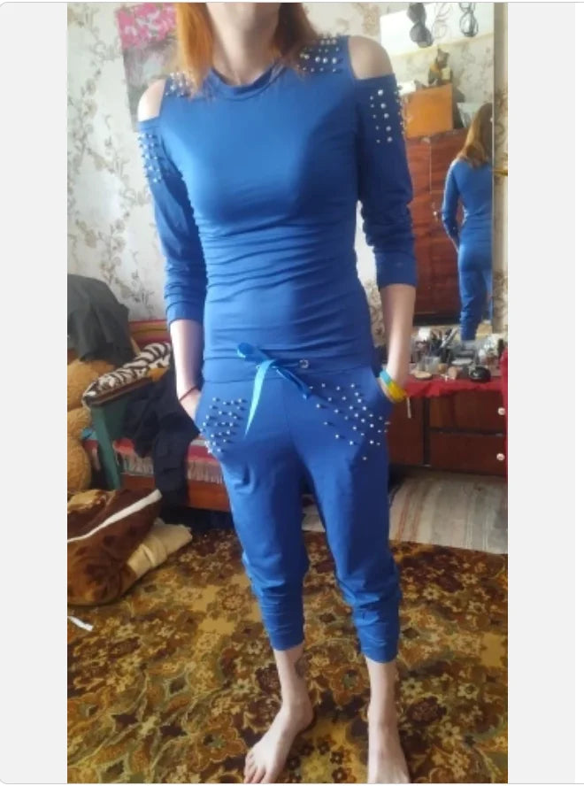 2 Pieces Set Women Spring Autumn Sexy Nail Bead tops+pants Pure Color Off Shoulder Hollow Out O Collar Sports Suit ZXP9596