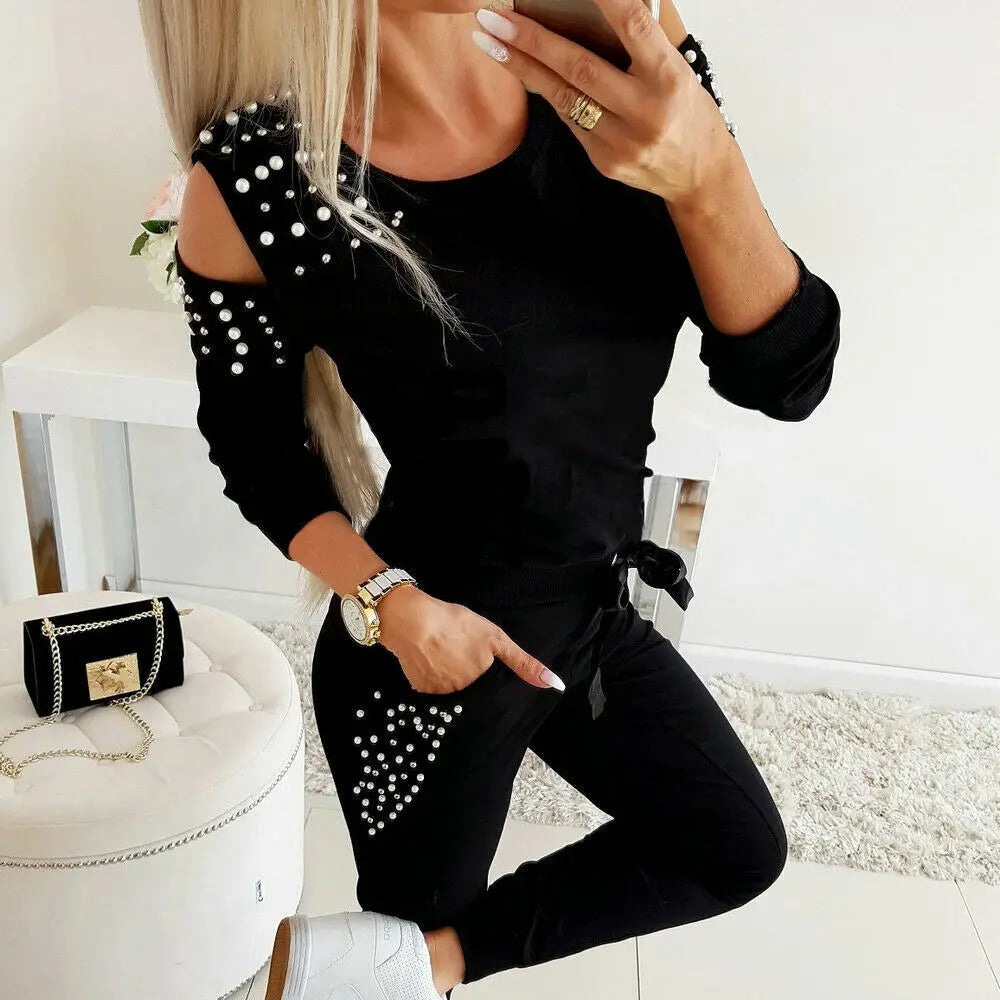 2 Pieces Set Women Spring Autumn Sexy Nail Bead tops+pants Pure Color Off Shoulder Hollow Out O Collar Sports Suit ZXP9596